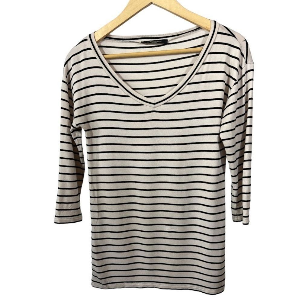 MAX MARA WEEKEND Women's V-Neck Striped 3/4 Sleeve Top Cream Size Small